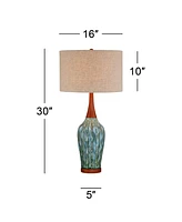 Rocco Mid Century Modern Table Lamp 30" Tall Ceramic Blue Teal Glaze Wood Handmade Linen Drum Shade Decor for Living Room Bedroom House Bedside Home E