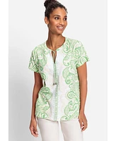 Olsen 100% Cotton Short Sleeve Paisley Print Split Neck T-Shirt