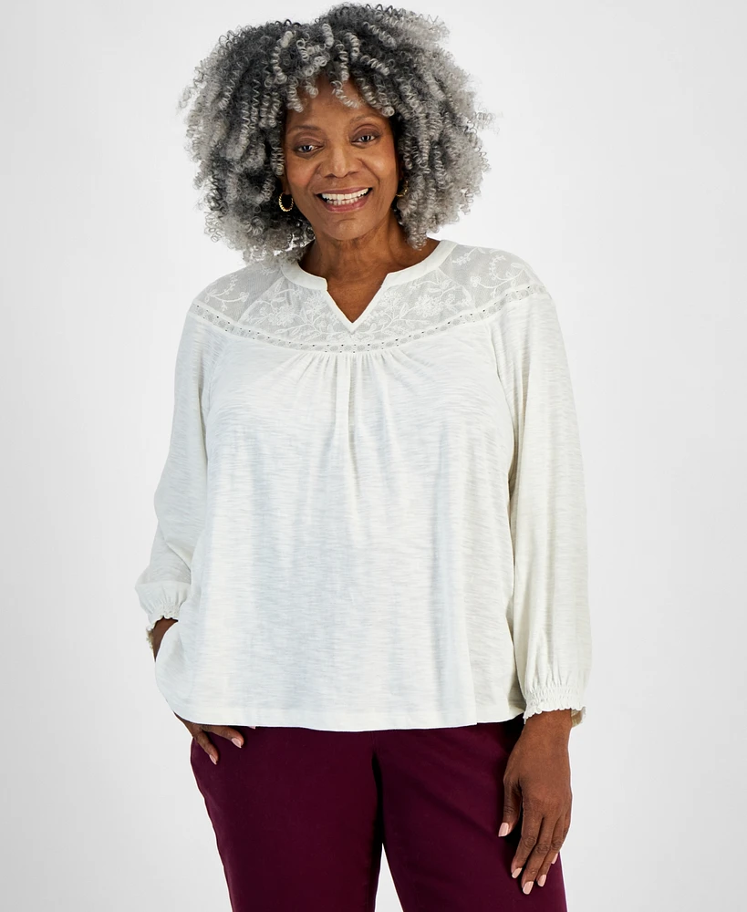 Style & Co Plus Mesh-Trim Raglan-Sleeve Blouse