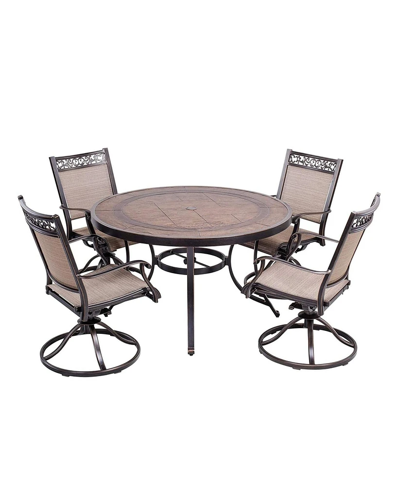 Mondawe 5 Piece Patio Dining Sets with Swivel Chairs Cast Aluminum 4 Textilene Swivel Chairs and Outdoor Dining Table with Umbrella Hole Patio Furnitu