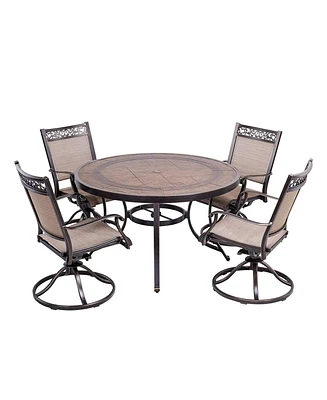 Mondawe 5 Piece Patio Dining Sets with Swivel Chairs Cast Aluminum 4 Textilene Swivel Chairs and Outdoor Dining Table with Umbrella Hole Patio Furnitu