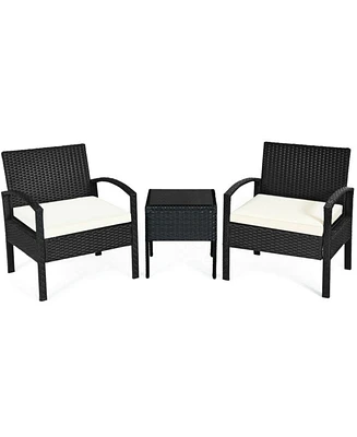 Sugift 3 Pieces Outdoor Rattan Patio Conversation Set with Seat Cushions