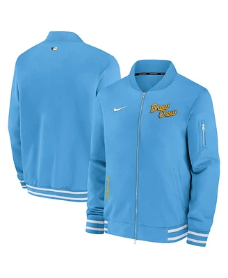 Nike Men's Blue Milwaukee Brewers City Connect Authentic Collection Game Time Bomber Full-Zip Jacket