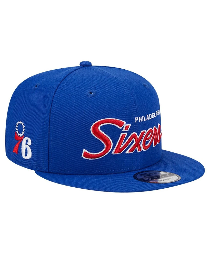 New Era Men's Royal Philadelphia 76ers Evergreen Script Side Patch 9FIFTY Snapback Hat