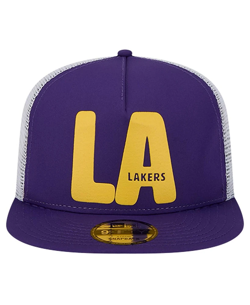 New Era Men's Purple Los Angeles Lakers Puff Print Team Code A-Frame 9FIFTY Trucker Snapback Hat