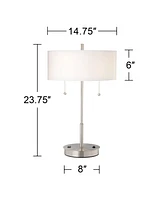 360 Lighting Nikola Modern Accent Table Lamp with Hotel Style Usb and Ac Power Outlet in Base 23.75" High Silver White Drum Shade for Living Room Desk