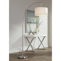 360 Lighting Cora Modern Arched Task Floor Lamp Standing 72" Tall Brushed Nickel Silver Off White Linen Fabric Drum Shade for Living Room Reading Hous