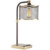 360 Lighting Brody Industrial Desk Lamp 22 1/4" High with Usb and Ac Power Outlet in Base Antique Brass Black Perforated Metal Shade for Bedroom Livin