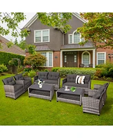 Costway 8PCS Patio Rattan Furniture Set Coffee Table Cushioned Sofa Garden Lawn Gray