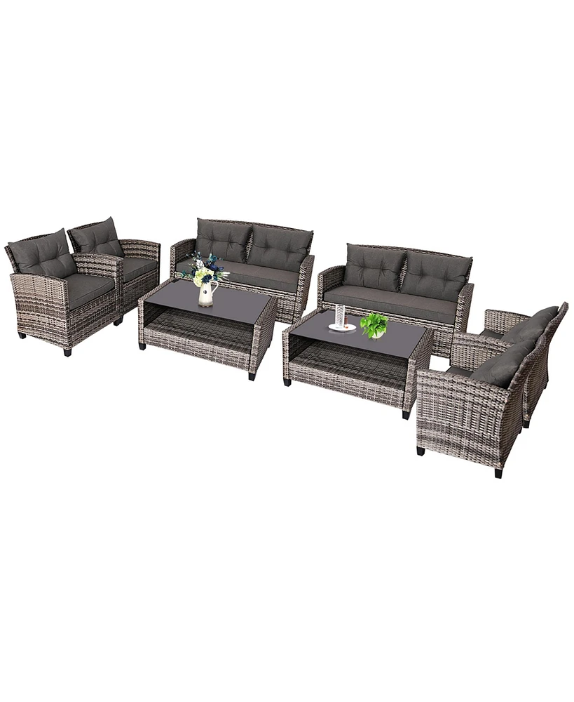 Costway 8PCS Patio Rattan Furniture Set Coffee Table Cushioned Sofa Garden Lawn Gray