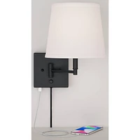 360 Lighting Lanett Modern Swing Arm Wall Lamps Set of 2 with Usb Charging Port Black Plug-In Light Fixture White Fabric Shade for Bedroom Bedside Hou