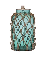 360 Lighting Crosby Coastal Beach Style Accent Table Lamp with Table Top Dimmer 22.5" High Blue Green Glass Rope Netting Off White Fabric Drum Shade f