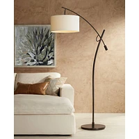 Possini Euro Design Raymond Modern Arched Floor Lamp Standing 69" Tall Bronze Brown Metal Slim Profile Off-White Linen Drum Shade Adjustable Boom Arm
