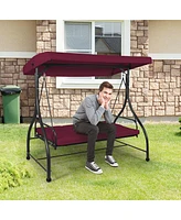 Costway Converting Outdoor Swing Canopy Hammock 3 Seats Patio Deck Furniture Wine Red