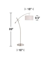 Possini Euro Design Modern Standing Arc Floor Lamp Adjustable Boom Arm 69" Tall Brushed Nickel Off White Linen Fabric Drum Shade Decor for Living Room