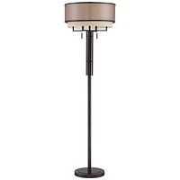 Franklin Iron Works Alamo Industrial Rustic Farmhouse Standing Floor Lamp 62" Tall Bronze Sheer Brown Organza Linen Fabric Double Drum Shades for Livi