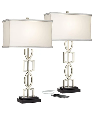 360 Lighting Evan Modern Table Lamps 28 1/2" Tall Set of 2 with Usb Charging Port Brushed Nickel Silver White Rectangular Shade for Bedroom Living Roo