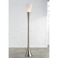 Possini Euro Design Piazza Modern Chic Torchiere Floor Lamp Standing 72 1/2" Tall Brushed Nickel Silver Flared Base Frosted White Glass Shade Decor fo