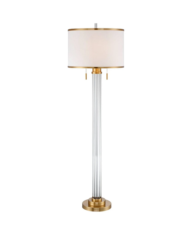 Possini Euro Design Cadence Modern Luxe Art Deco Floor Lamp Standing 62" Tall Satin Brass Gold Metal Crystal Glass Column Linen Drum Shade Decor for L