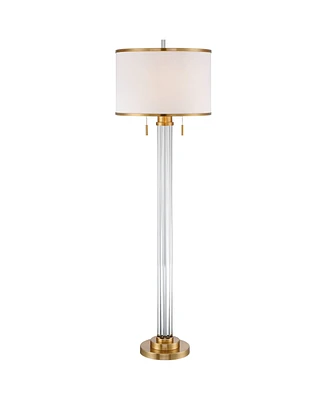 Possini Euro Design Cadence Modern Luxe Art Deco Floor Lamp Standing 62" Tall Satin Brass Gold Metal Crystal Glass Column Linen Drum Shade Decor for L