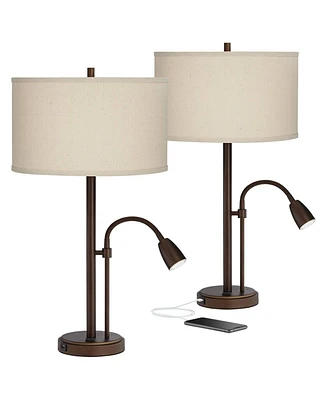 Possini Euro Design Traverse Modern Table Lamps 29" Tall Set of 2 with Hotel Style Usb Charging Port Gooseneck Led Bronze Oatmeal Shade for Living Roo