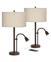 Possini Euro Design Traverse Modern Table Lamps 29" Tall Set of 2 with Hotel Style Usb Charging Port Gooseneck Led Bronze Oatmeal Shade for Living Roo