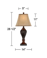 Regency Hill Traditional Style Table Lamp 28.5" Tall Carved Two Tone Brown Urn Shaped Ball Beige Fabric Rectangular Shade for Living Room Bedroom Hous