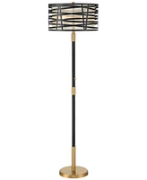 Possini Euro Design Halifax Modern Industrial Floor Lamp 64 1/2" Tall Matte Black Warm Gold Metal Caged Outer Organza Inner Drum Shade for Living Room