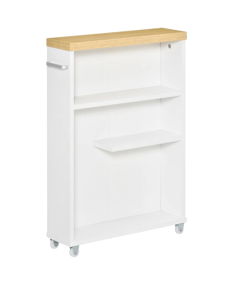 Kleankin Slim Bathroom Cabinet with Castor Wheels Storage Organizer and Wood Shelves To Fit In Small Spaces, White