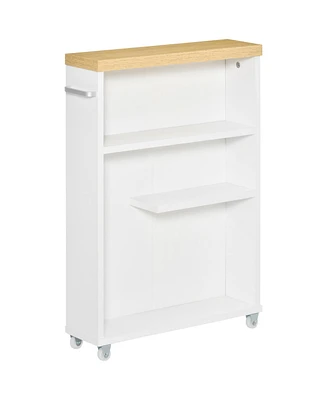 Kleankin Slim Bathroom Cabinet with Castor Wheels Storage Organizer and Wood Shelves To Fit In Small Spaces, White