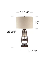 Franklin Iron Works Topher Rustic Industrial Table Lamp with Nightlight Led Edison 27.75" Tall Bronze Brown Caged Metal Burlap Drum Shade for Living R