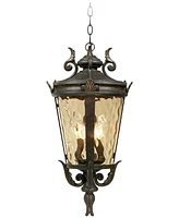 John Timberland Casa Marseille European Outdoor Ceiling Light Hanging Bronze Scroll 23 3/4" Hammered Glass Damp Rated for Exterior House Porch Patio O