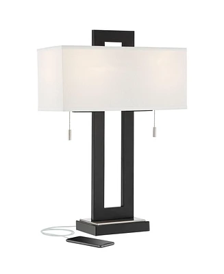 360 Lighting Neil Modern Rustic Table Lamp 26" High with Usb Charging Port Black Open Metal White Fabric Rectangular Shade for Bedroom Living Room Hou