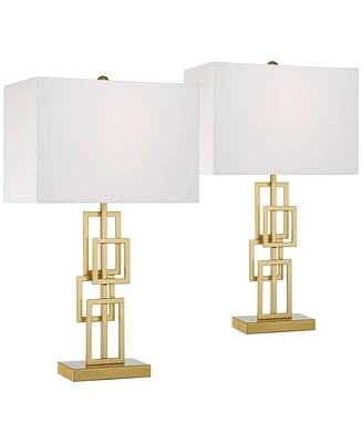 360 Lighting Golden Mid Century Modern Table Lamps 26" Tall Set of 2 Brushed Gold Open Grid Metal White Rectangular Shade for Bedroom Living Room Hous