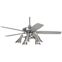 Casa Vieja 52" Journey Modern Industrial Indoor Ceiling Fan with Light Kit Led Dimmable Remote Control Brushed Nickel Blade 5-Light for House Bedroom