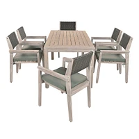 Acacia Wood Outdoor Patio Dining Set with Cushioned Chairs, 7-Piece