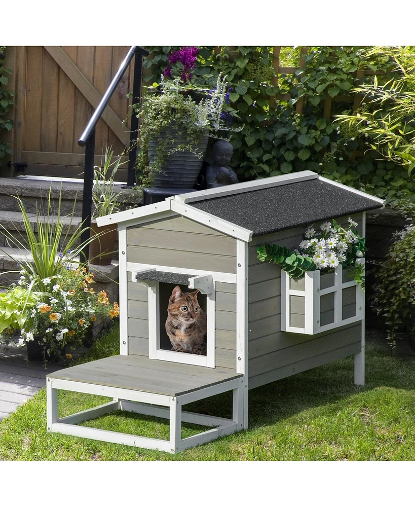 Streamdale Furniture Spacious Outdoor Cat House with Patio, Slanted Roof, and Emergency Exit