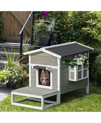 Simplie Fun Spacious Outdoor Cat House with Patio, Slanted Roof, and Emergency Exit