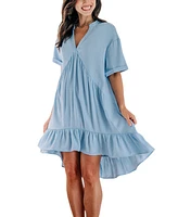 Cupshe Women's Light Blue Drop Shoulder Flounce Hem Mini Beach Dress