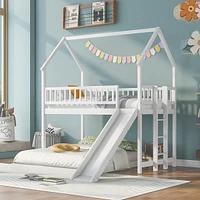 Streamdale Furniture Twin Over Full House Bunk Bed With Slide And Built-In Ladder, Full-Length Guardrail, White