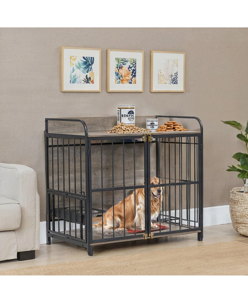 Simplie Fun 39" Indoor Metal Dog Crate with Double Doors, Wooden Side End Table Crate, Dog Crate Furniture with Adjustable Feeder Stand, for Medium Do