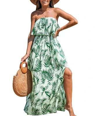 Cupshe Women's Palm Leaf Tie Waist Maxi Tube Beach Dress