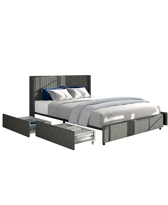 Simplie Fun Queen Size Gray Linen Upholstered Platform Bed with Storage