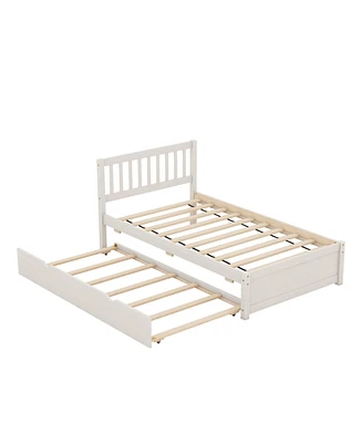 Simplie Fun Wooden Twin Size Platform Bed Frame With Trundle For White Washed Color