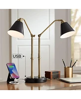 Sentry Mid Century Modern Desk Lamp 23" High with Usb Charging Port Black Brass Gold Metal Led Adjustable Cone Shade for Living Room Bedroom House Bed