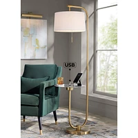 Possini Euro Design Volta Mid Century Modern Arched Floor Lamp with Usb Charging Port Glass Tray Table 66" Tall Antique Brass Gold Metal White Linen D
