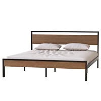 Simplie Fun Ceres Metal Bed, Black with Cinnamon Wood Headboard&Footboard, King