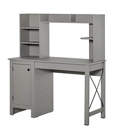 Homcom Farmhouse Computer Desk W/ Hutch Tabletop Cabinet, Home Office Study, Light Grey