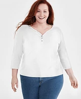 Style & Co Women's Cotton 3/4-Sleeve Henley Tee, Created for Macy's