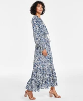 Vince Camuto Women's Printed Tie-Neck Smocked Maxi Dress